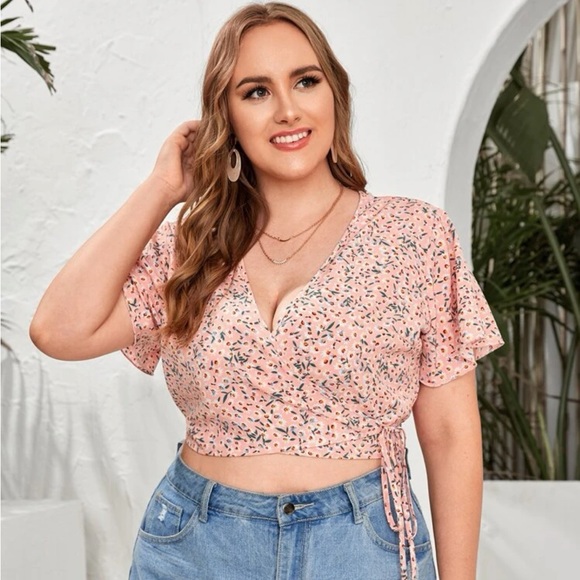 Pink Ditsy Floral Print Self-Tie Wrap Crop Top - Picture 10 of 12